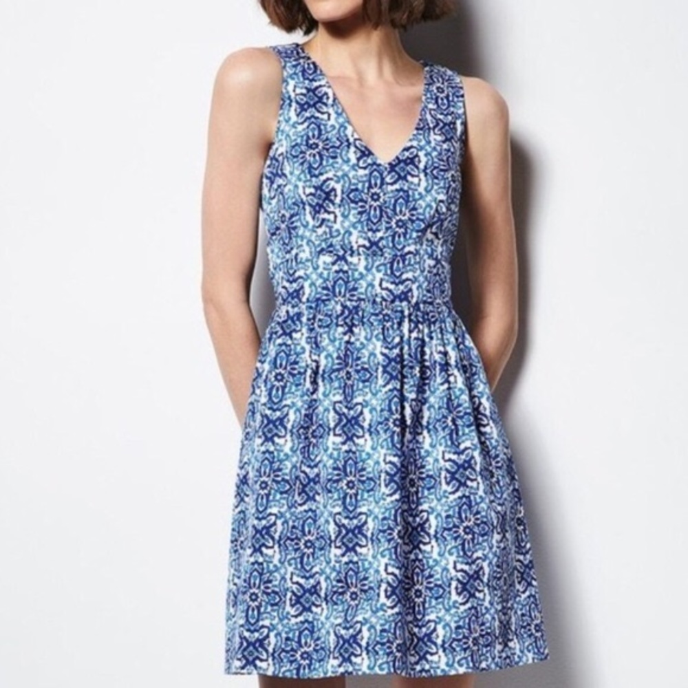 Milly blue cotton tile print dress.